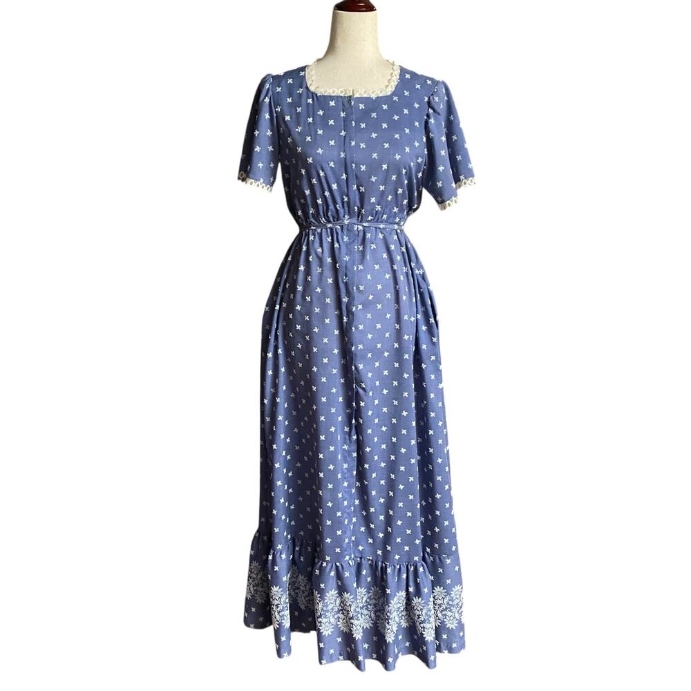 Vtg Loungees Cottagecore Romantic Boho Square‎ Neck Maxi Dress Womens 10 Blue